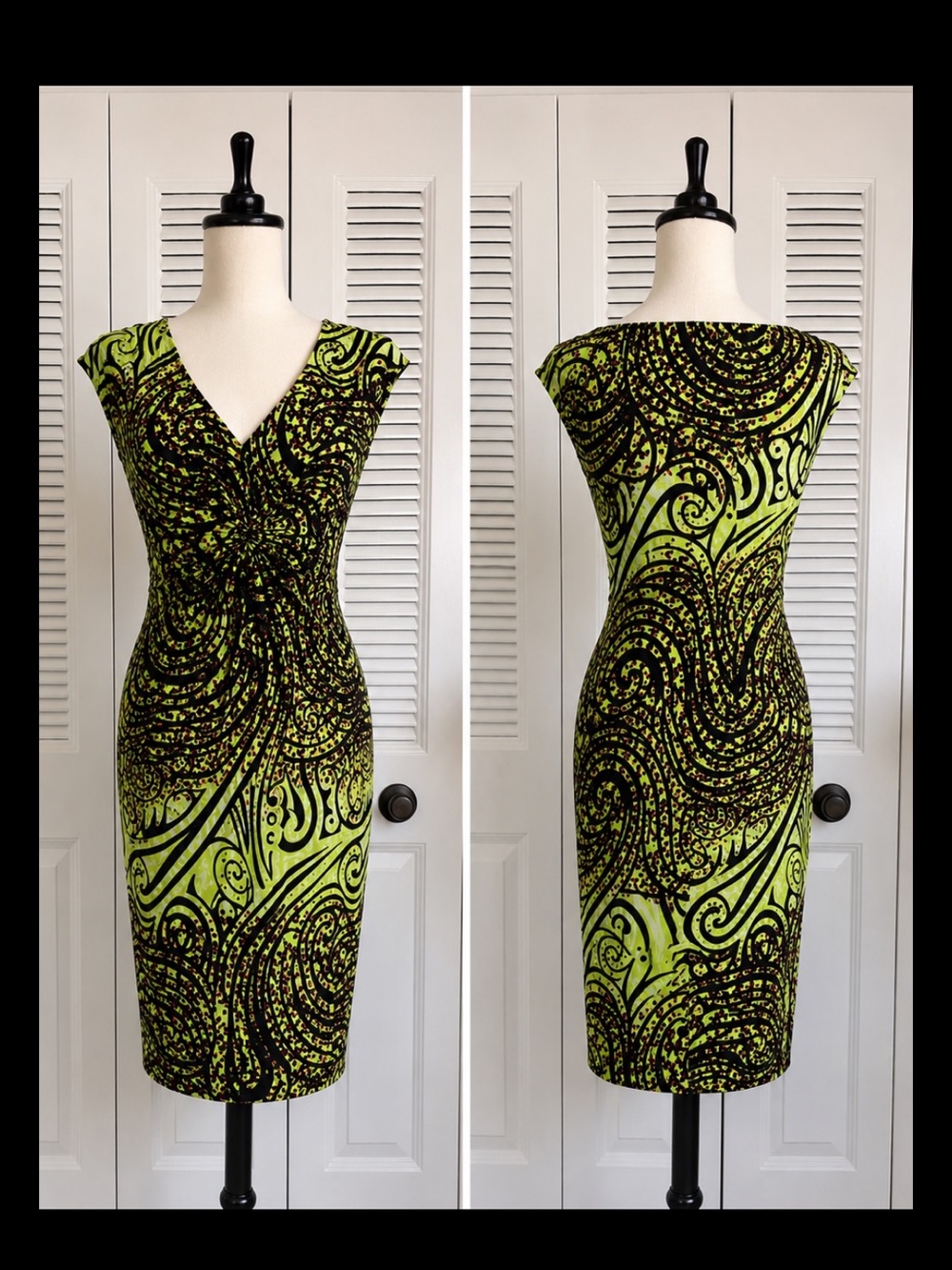 Frank Lyman Ruched Bodycon Dress Abstract Animal Print Lime Green Black Size 8
